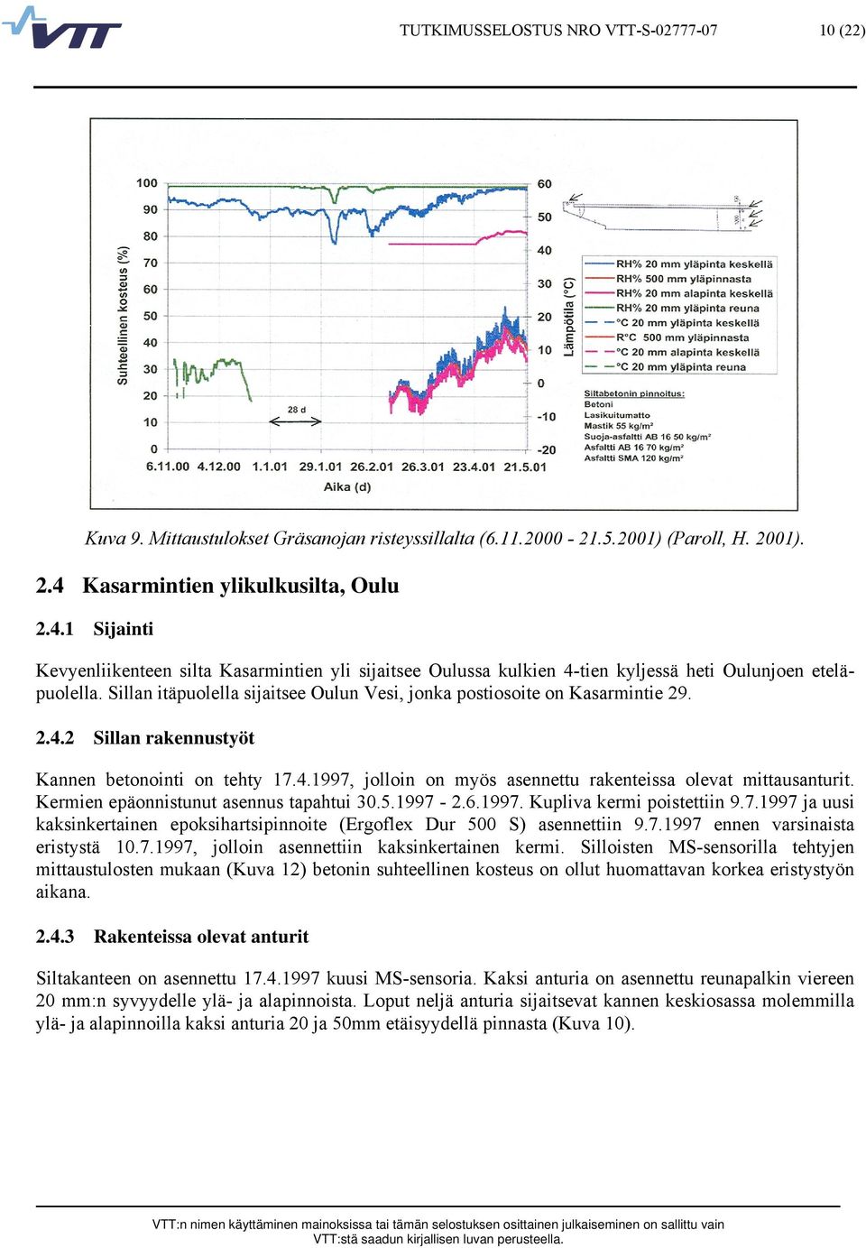 Sillan itäpuolella sijaitsee Oulun Vesi, jonka postiosoite on Kasarmintie 29. 2.4.2 Sillan rakennustyöt Kannen betonointi on tehty 17.4.1997, jolloin on myös asennettu rakenteissa olevat mittausanturit.