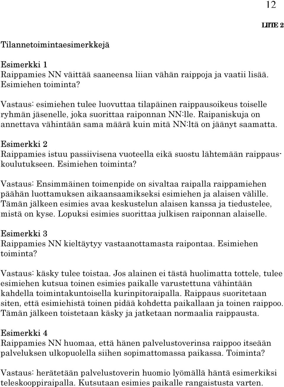 Raipaniskuja on annettava vähintään sama määrä kuin mitä NN:ltä on jäänyt saamatta. Esimerkki 2 Raippamies istuu passiivisena vuoteella eikä suostu lähtemään raippauskoulutukseen. Esimiehen toiminta?