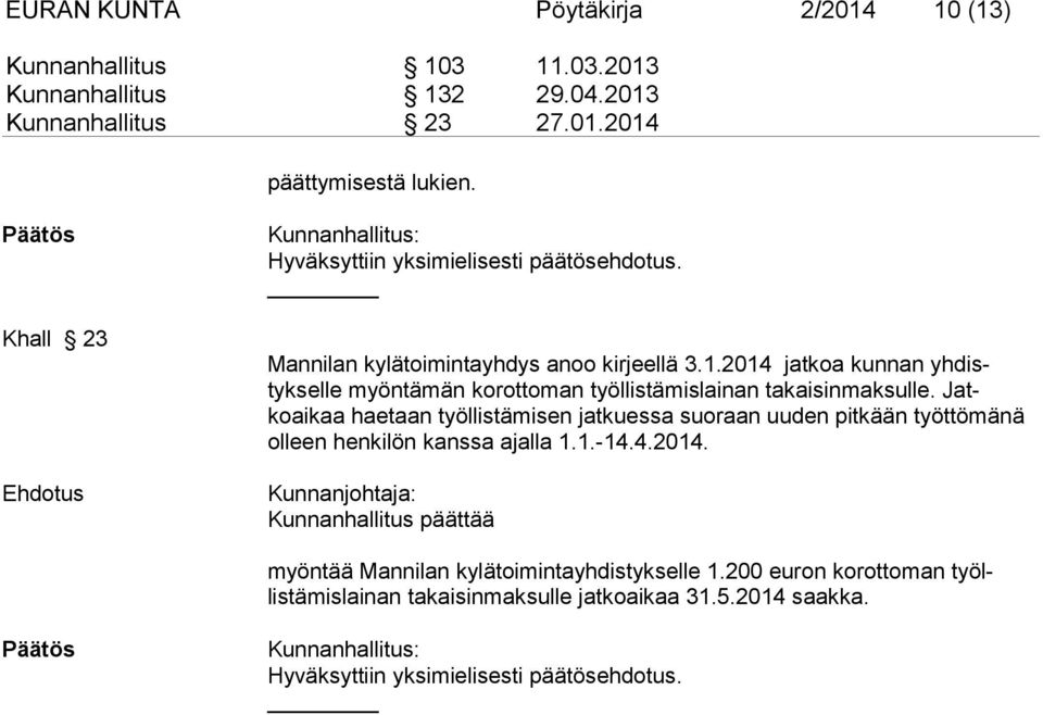 2014 jatkoa kunnan yh distykselle myöntämän korottoman työllistämislainan takaisin maksulle.