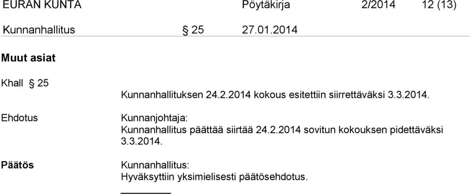 2014 Muut asiat Khall 25 Kunnanhallituksen 24.2.2014 kokous esitettiin siirrettäväksi 3.