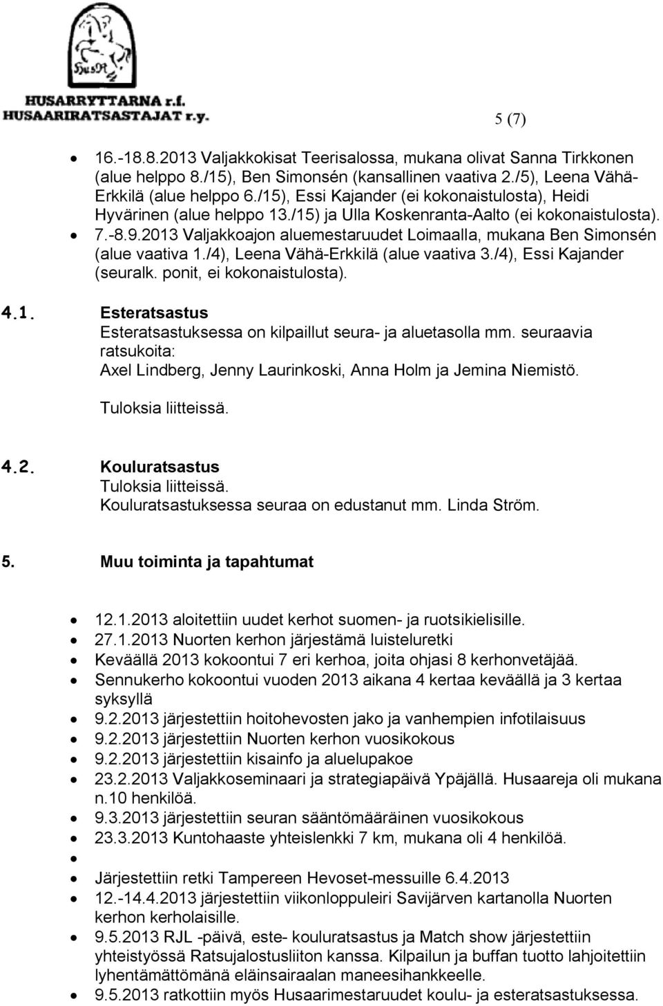 2013 Valjakkoajon aluemestaruudet Loimaalla, mukana Ben Simonsén (alue vaativa 1./4), Leena Vähä-Erkkilä (alue vaativa 3./4), Essi Kajander (seuralk. ponit, ei kokonaistulosta). 4.1. Esteratsastus Esteratsastuksessa on kilpaillut seura- ja aluetasolla mm.