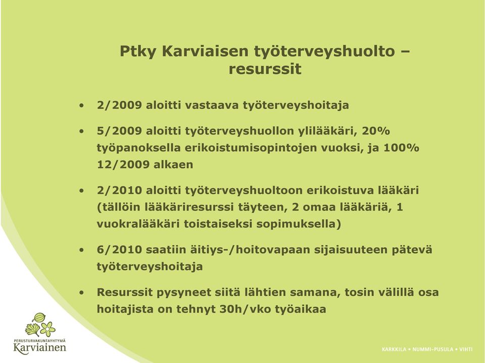 (tällöin lääkäriresurssi täyteen, 2 omaa lääkäriä, 1 vuokralääkäri toistaiseksi sopimuksella) 6/2010 saatiin äitiys-/hoitovapaan