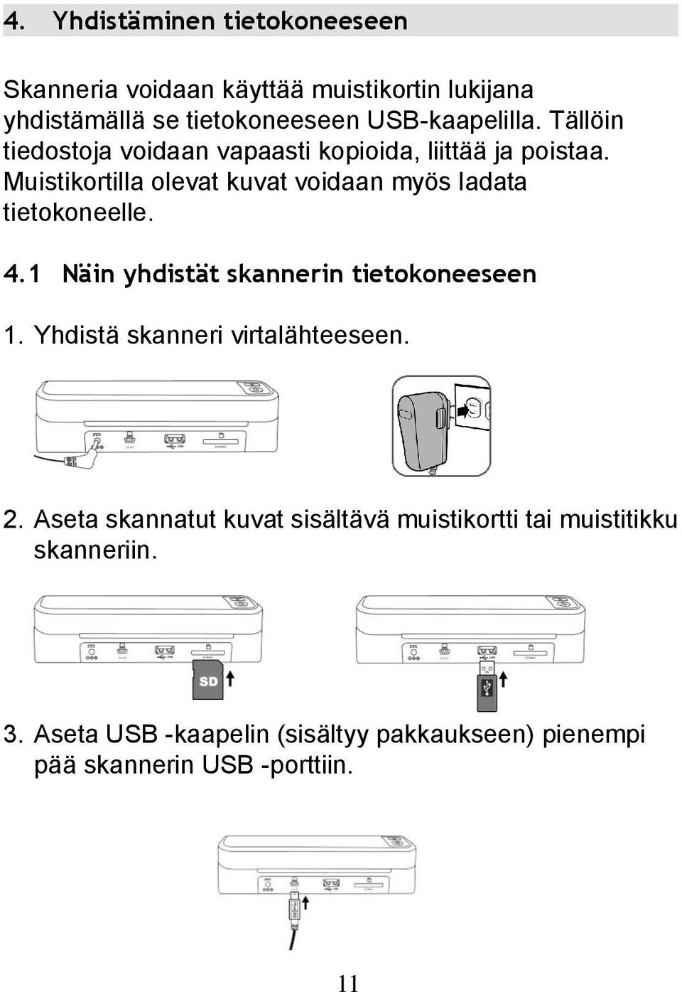 Muistikortilla olevat kuvat voidaan myös ladata tietokoneelle. 4.1 Näin yhdistät skannerin tietokoneeseen 1.