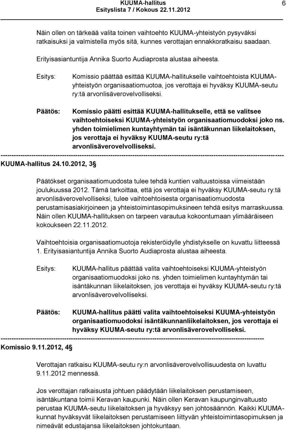 Komissio päättää esittää KUUMA-hallitukselle vaihtoehtoista KUUMAyhteistyön organisaatiomuotoa, jos verottaja ei hyväksy KUUMA-seutu ry:tä arvonlisäverovelvolliseksi.