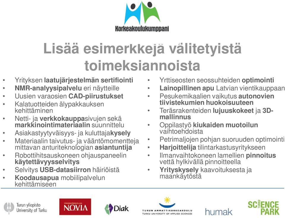 Robottihitsauskoneen ohjauspaneelin käytettävyysselvitys Selvitys USB-datasiirron häiriöistä Koodausapua mobiilipalvelun kehittämiseen Yrttiseosten seossuhteiden optimointi Lainopillinen apu Latvian