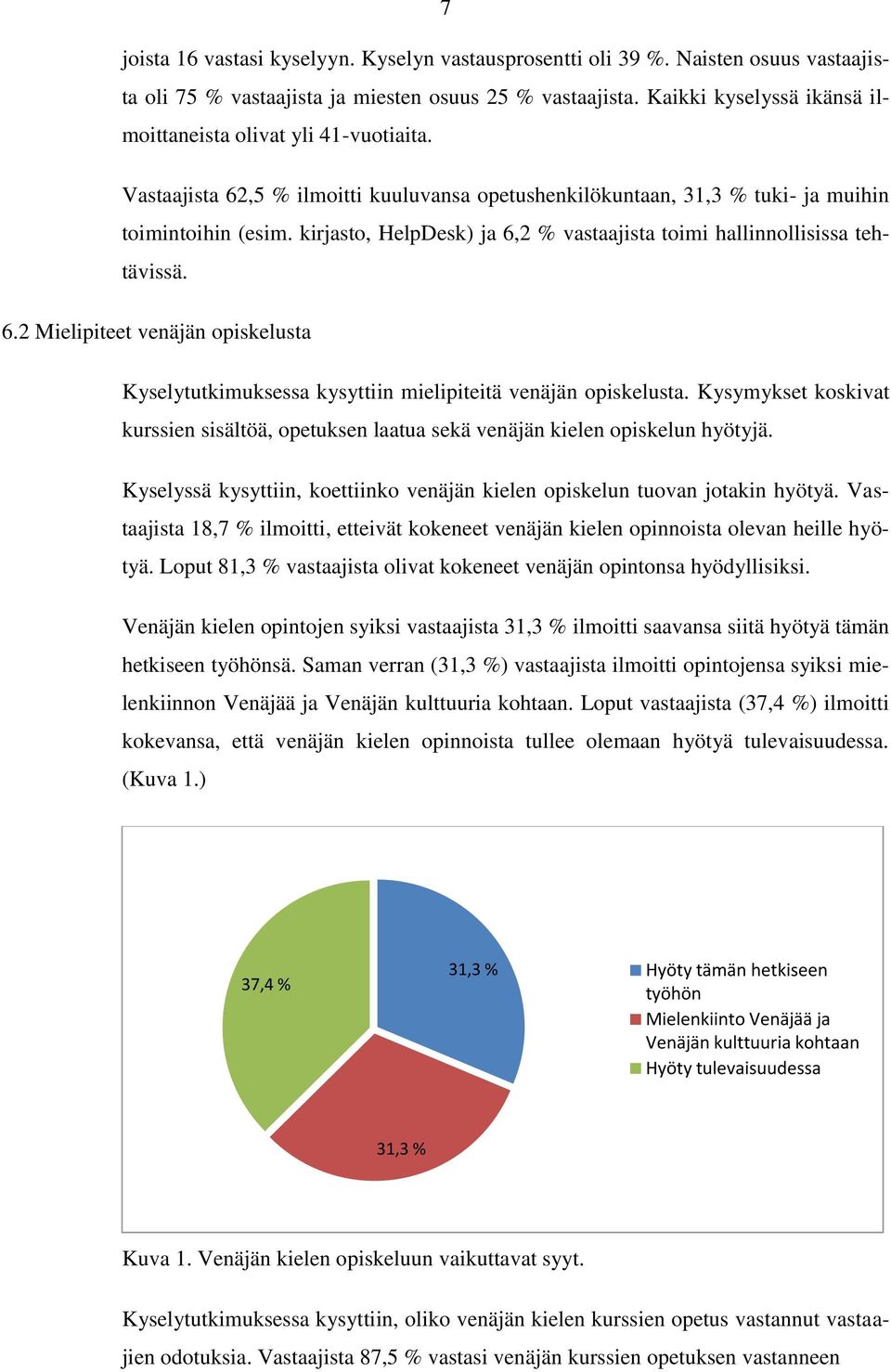 kirjasto, HelpDesk) ja 6,2 % vastaajista toimi hallinnollisissa tehtävissä. 6.2 Mielipiteet venäjän opiskelusta Kyselytutkimuksessa kysyttiin mielipiteitä venäjän opiskelusta.