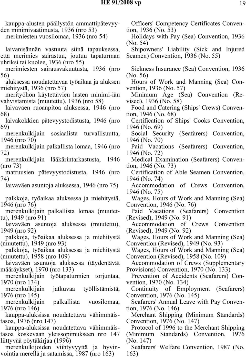 minimi-iän vahvistamista (muutettu), 1936 (nro 58) laivaväen ruoanpitoa aluksessa, 1946 (nro 68) laivakokkien pätevyystodistusta, 1946 (nro 69) merenkulkijain sosiaalista turvallisuutta, 1946 (nro