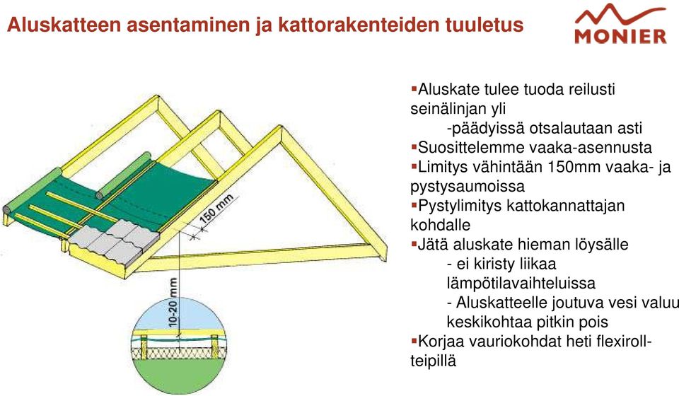 pystysaumoissa Pystylimitys kattokannattajan kohdalle Jätä aluskate hieman löysälle - ei kiristy liikaa