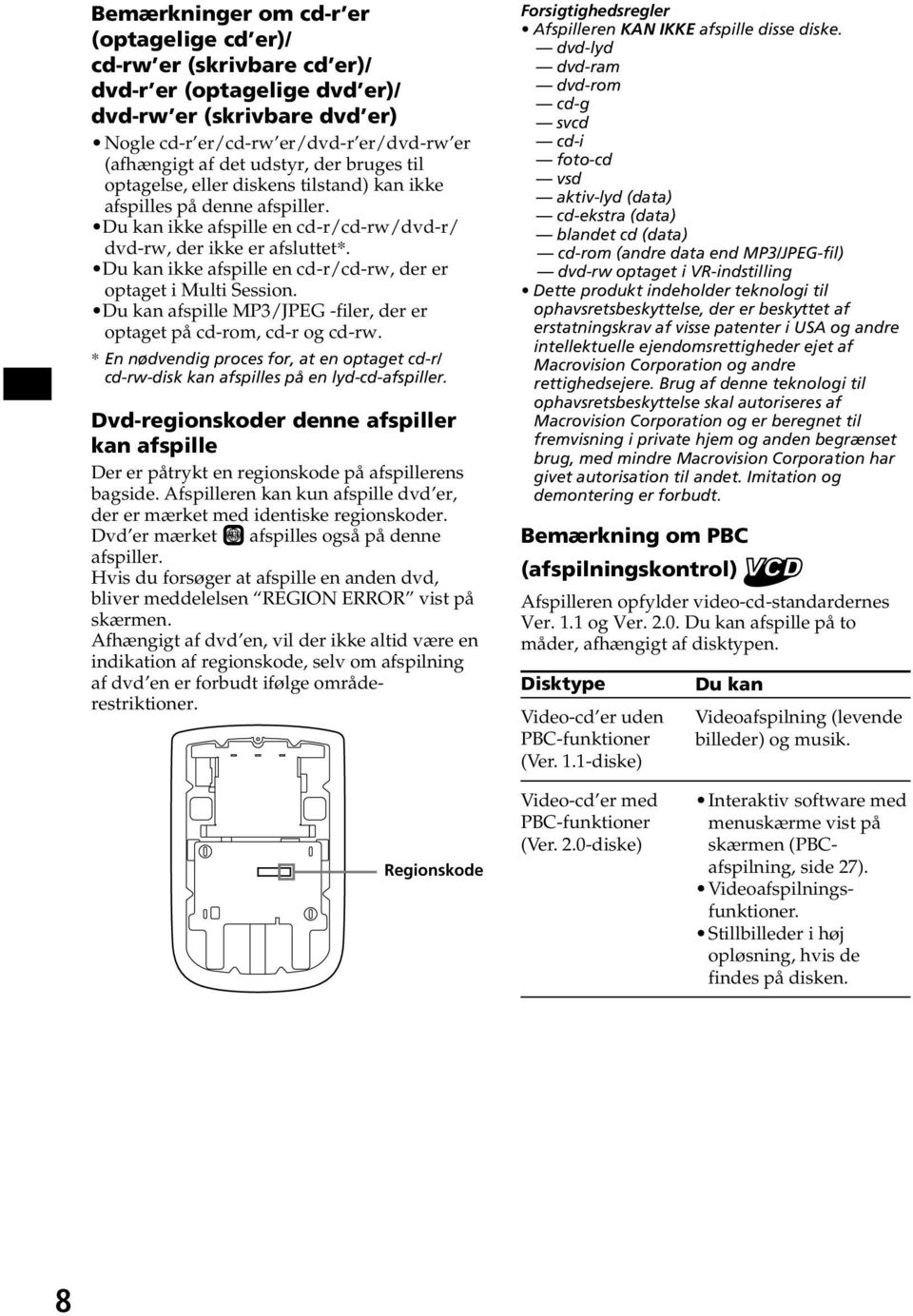 Du kan ikke afspille en cd-r/cd-rw, der er optaget i Multi Session. Du kan afspille MP3/JPEG -filer, der er optaget på cd-rom, cd-r og cd-rw.