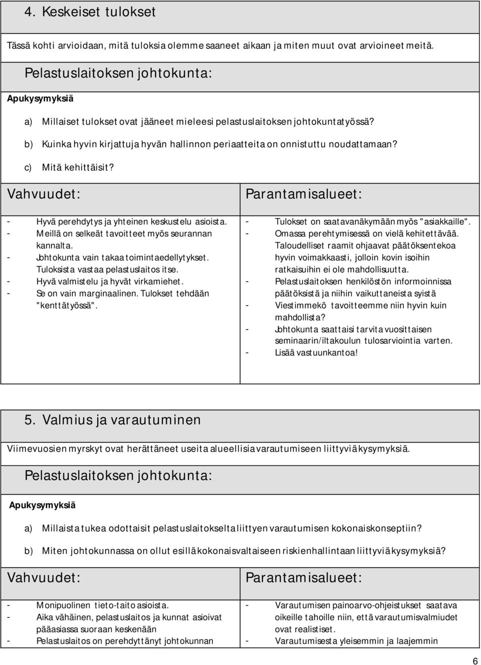 - Meillä on selkeät tavoitteet myös seurannan kannalta. - Johtokunta vain takaa toimintaedellytykset. Tuloksista vastaa pelastuslaitos itse. - Hyvä valmistelu ja hyvät virkamiehet.