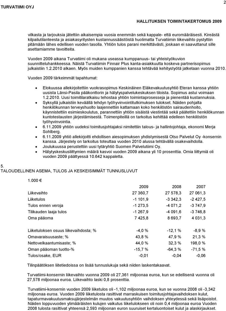 Yhtiön tulos parani merkittävästi, joskaan ei saavuttanut sille asettamiamme tavoitteita. Vuoden 2009 aikana Turvatiimi oli mukana useassa kumppanuus- tai yhteistyökuvion suunnitteluhankkeessa.