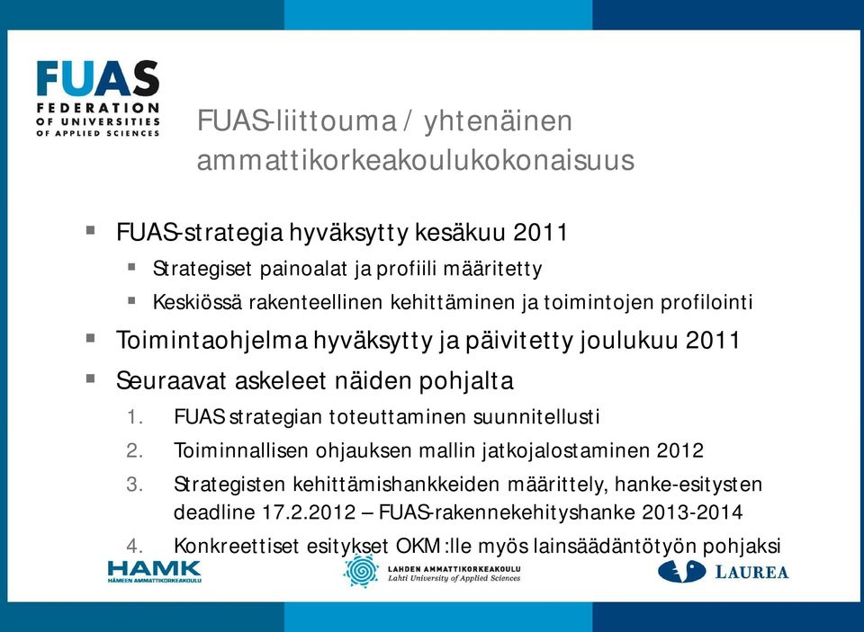 pohjalta 1. FUAS strategian toteuttaminen suunnitellusti 2. Toiminnallisen ohjauksen mallin jatkojalostaminen 2012 3.