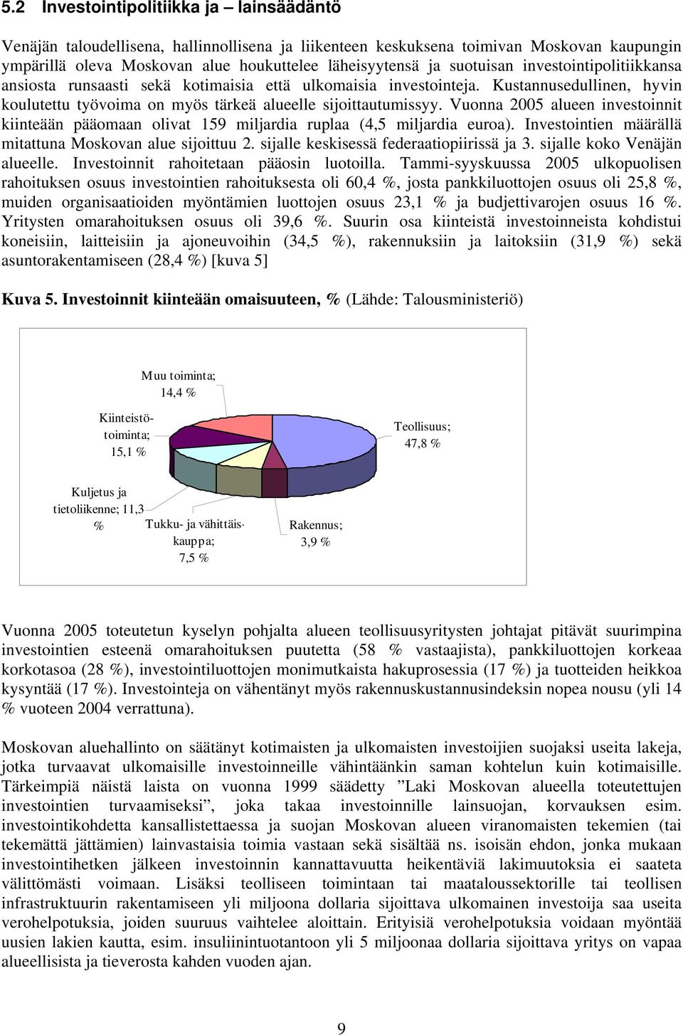 Vuonna 2005 alueen investoinnit kiinteään pääomaan olivat 159 miljardia ruplaa (4,5 miljardia euroa). Investointien määrällä mitattuna Moskovan alue sijoittuu 2.