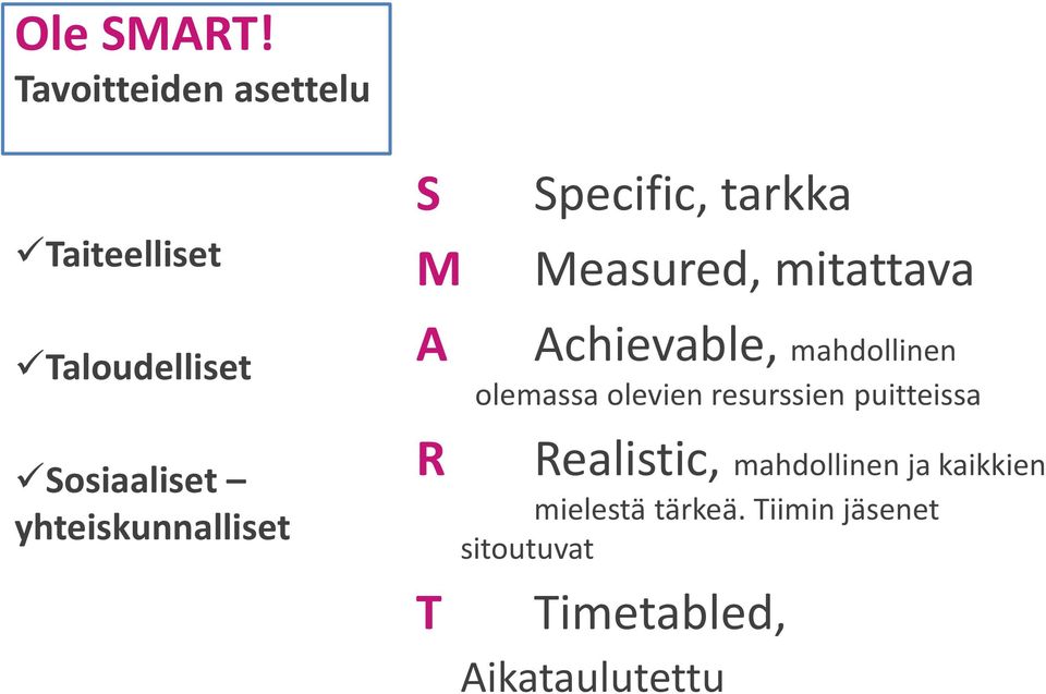 yhteiskunnalliset S M A R T Specific, tarkka Measured, mitattava