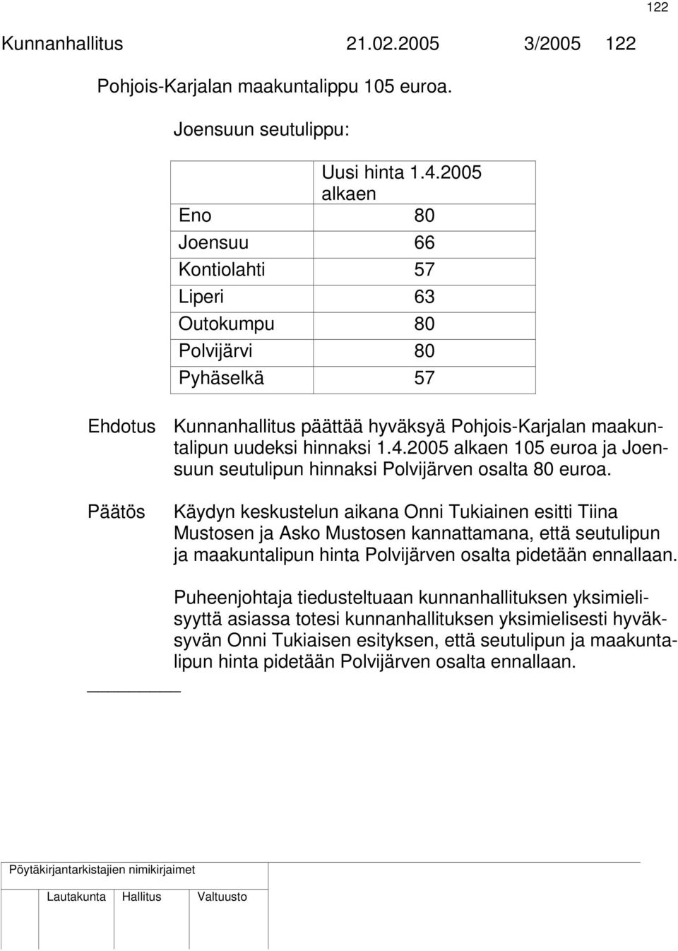 2005 alkaen 105 euroa ja Joensuun seutulipun hinnaksi Polvijärven osalta 80 euroa.