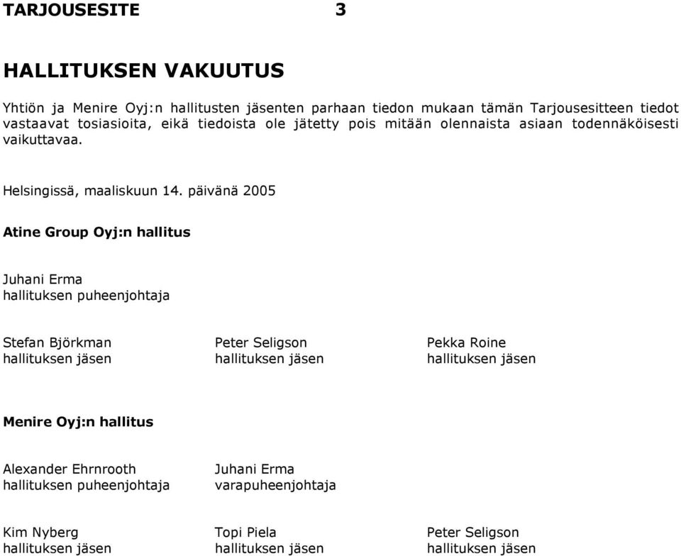 päivänä 2005 Atine Group Oyj:n hallitus Juhani Erma hallituksen puheenjohtaja Stefan Björkman Peter Seligson Pekka Roine hallituksen jäsen hallituksen jäsen