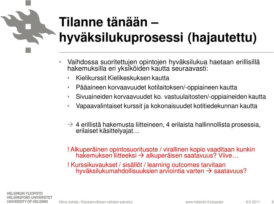 vastuulaitosten/-oppiaineiden kautta Vapaavalintaiset kurssit ja kokonaisuudet kotitiedekunnan kautta 4 erillistä hakemusta liitteineen, 4 erilaista hallinnollista prosessia,