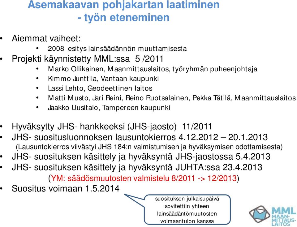 Hyväksytty JHS- hankkeeksi (JHS-jaosto) 11/2011 JHS- suositusluonnoksen lausuntokierros 4.12.2012 20.1.2013 (Lausuntokierros viivästyi JHS 184:n valmistumisen ja hyväksymisen odottamisesta) JHS- suosituksen käsittely ja hyväksyntä JHS-jaostossa 5.