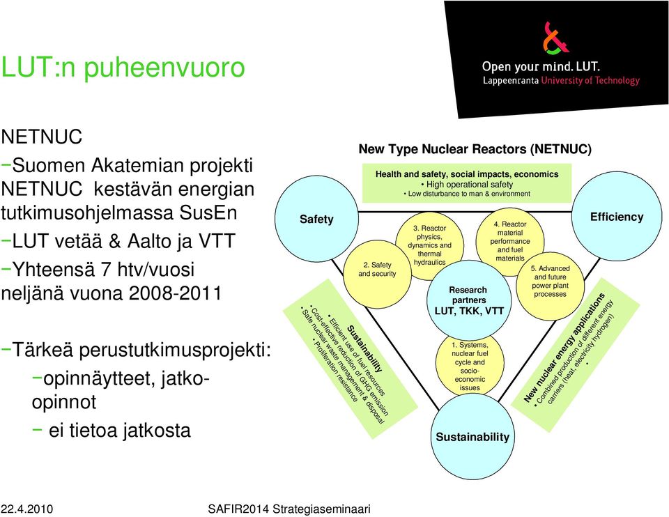 (NETNUC) Health and safety, social impacts, economics High operational safety Low disturbance to man & environment 2. Safety and security 4. Reactor 3.