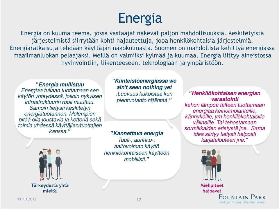 Energia liittyy aineistossa hyvinvointiin, liikenteeseen, teknologiaan ja ympäristöön.