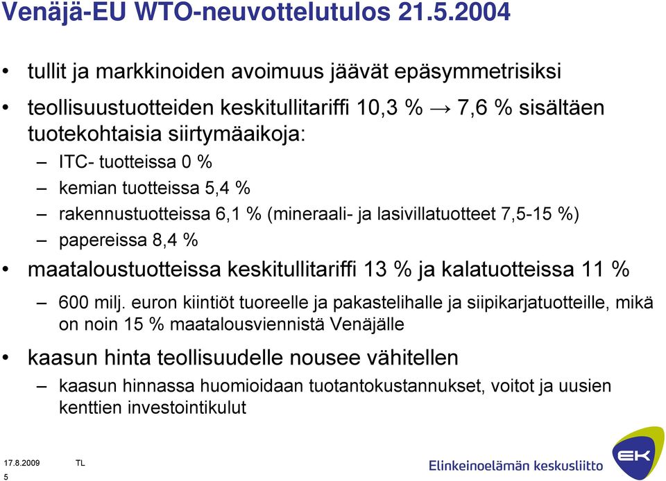 tuotteissa 0 % kemian tuotteissa 5,4 % rakennustuotteissa 6,1 % (mineraali- ja lasivillatuotteet 7,5-15 %) papereissa 8,4 % maataloustuotteissa keskitullitariffi