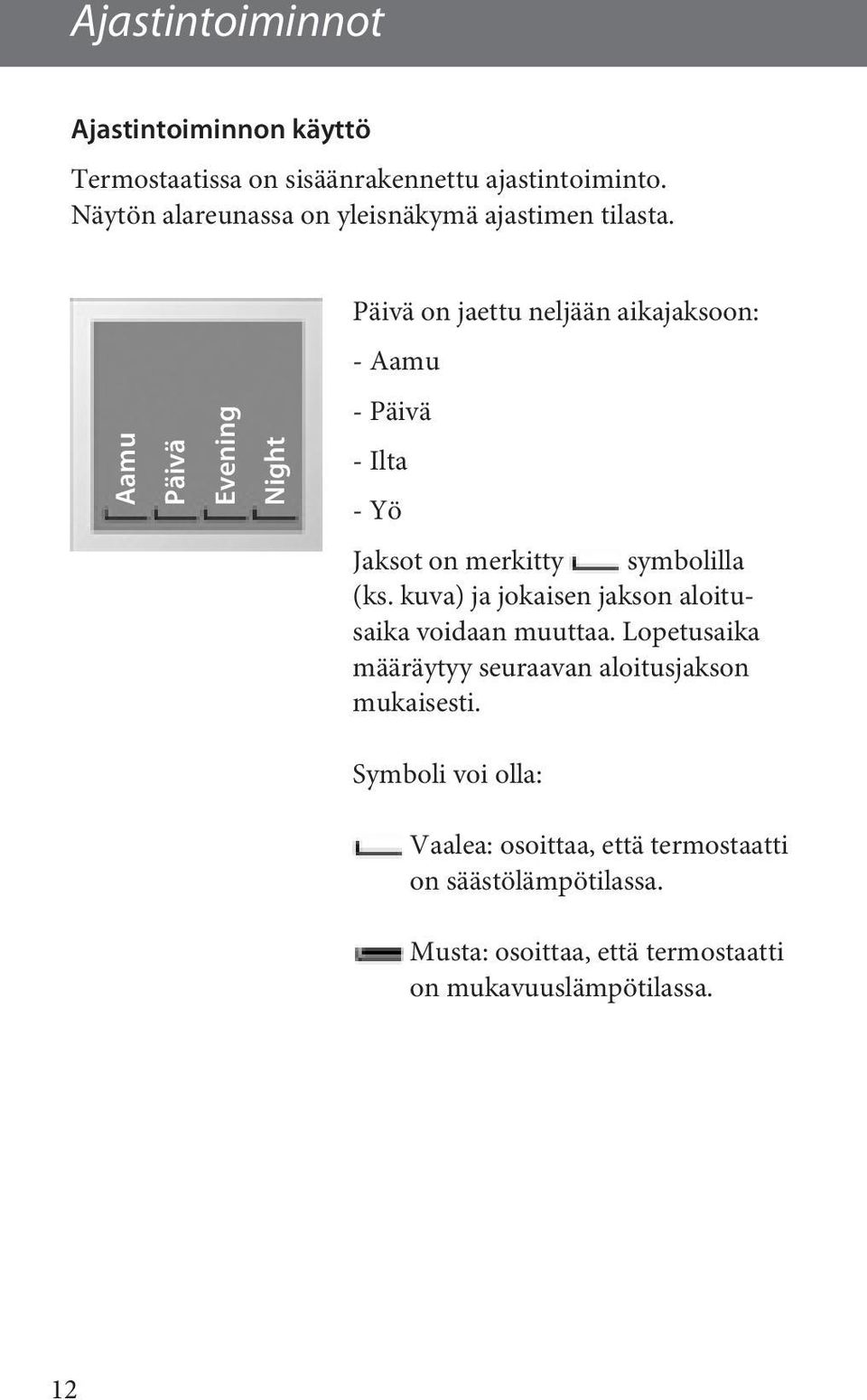 Päivä on jaettu neljään aikajaksoon: - Aamu Aamu Päivä Evening Night - Päivä - Ilta - Yö Jaksot on merkitty symbolilla (ks.