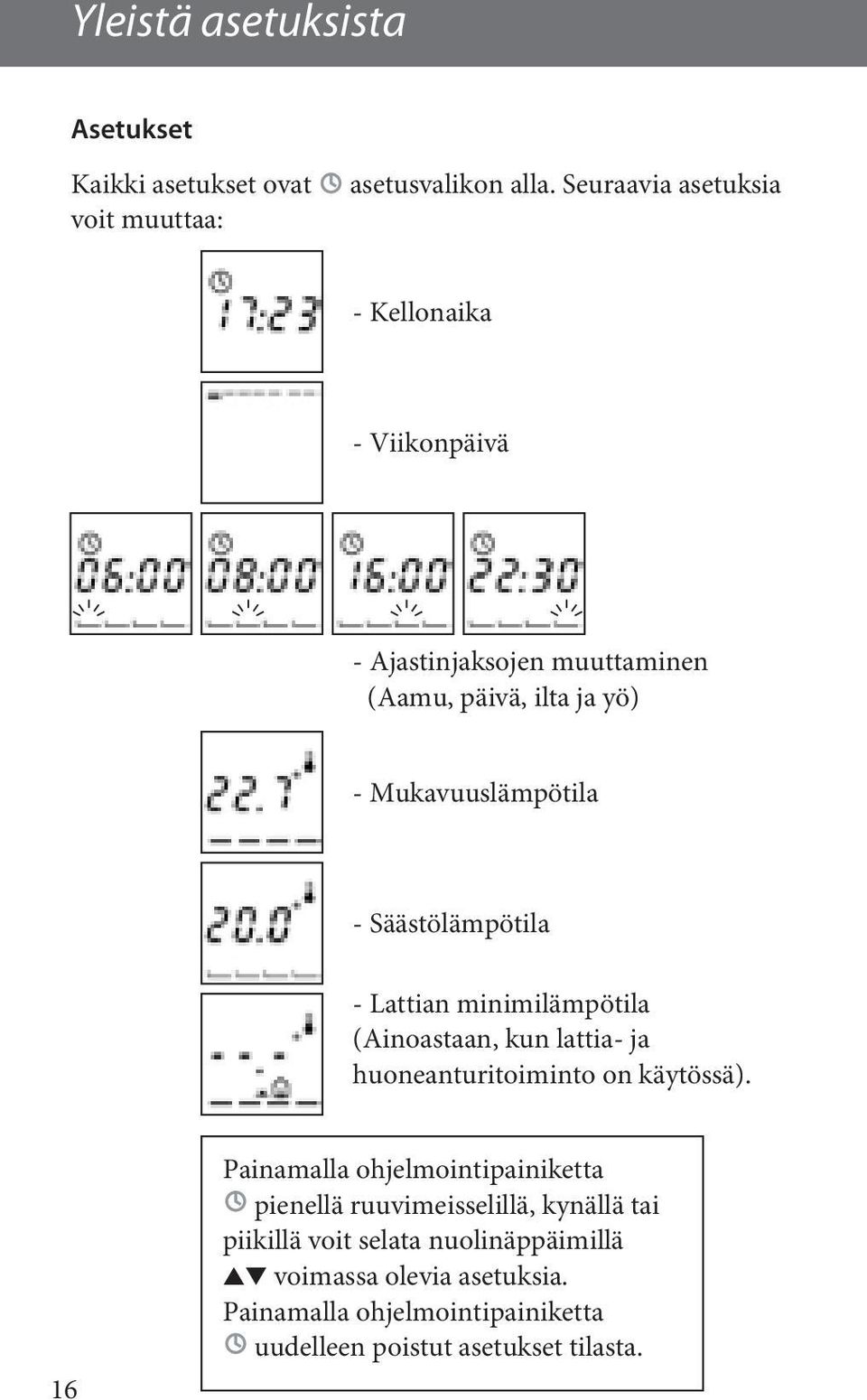 Säästölämpötila - Lattian minimilämpötila (Ainoastaan, kun lattia- ja huoneanturitoiminto on käytössä).