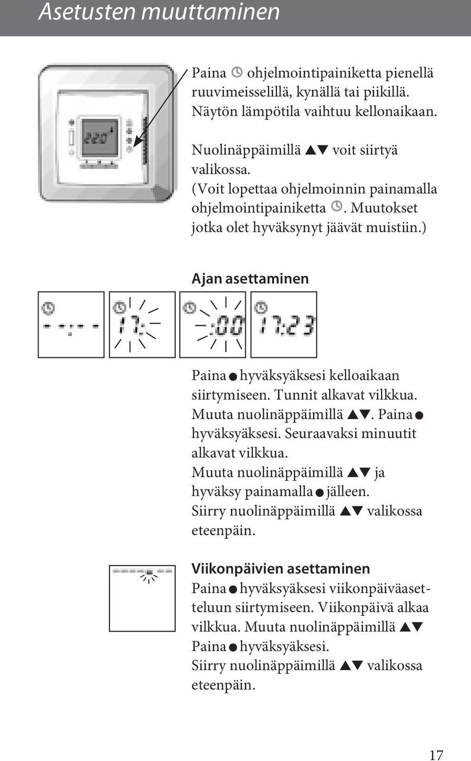 Tunnit alkavat vilkkua. Muuta nuolinäppäimillä. Paina hyväksyäksesi. Seuraavaksi minuutit alkavat vilkkua. Muuta nuolinäppäimillä ja hyväksy painamalla jälleen.