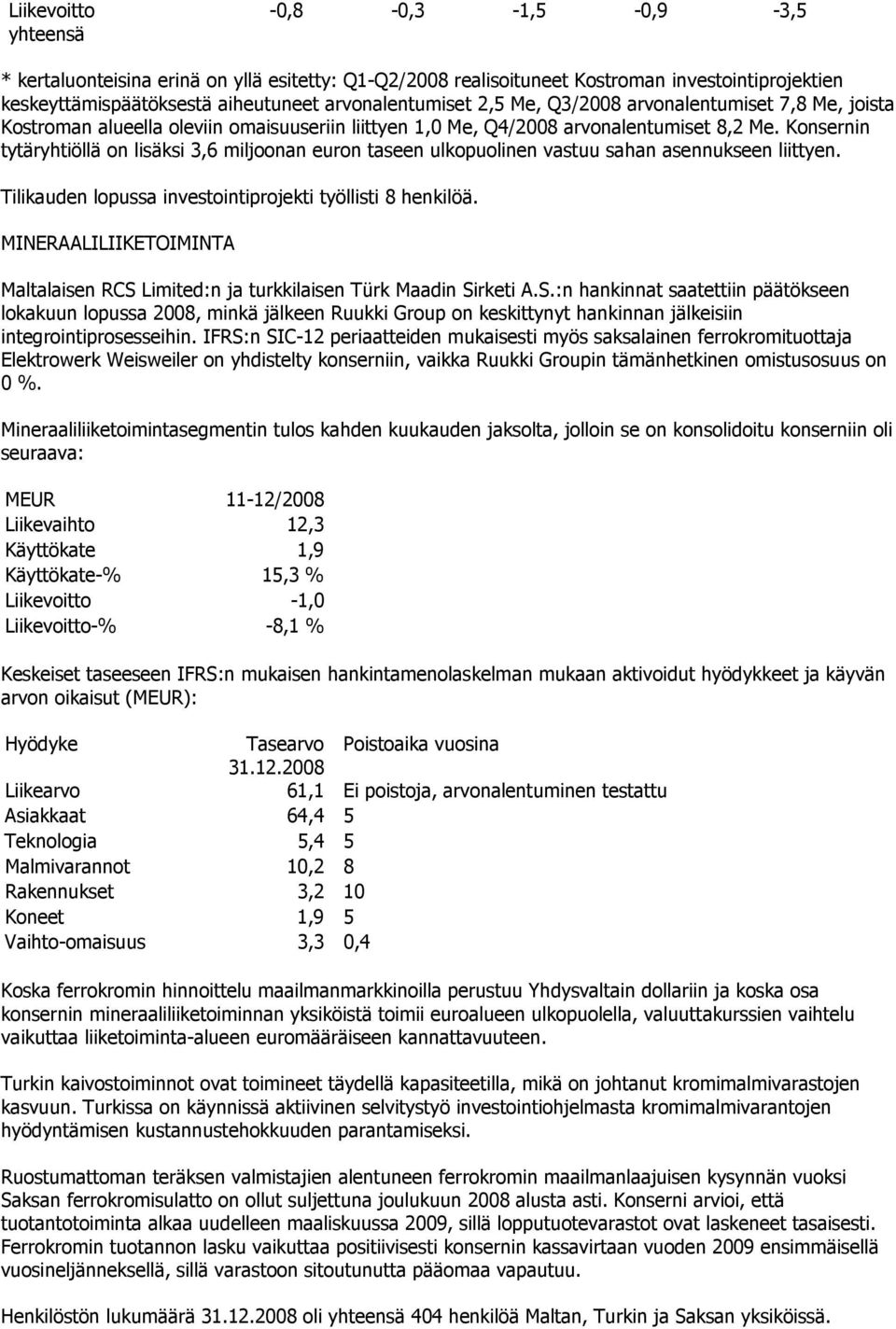 Konsernin tytäryhtiöllä on lisäksi 3,6 miljoonan euron taseen ulkopuolinen vastuu sahan asennukseen liittyen. Tilikauden lopussa investointiprojekti työllisti 8 henkilöä.