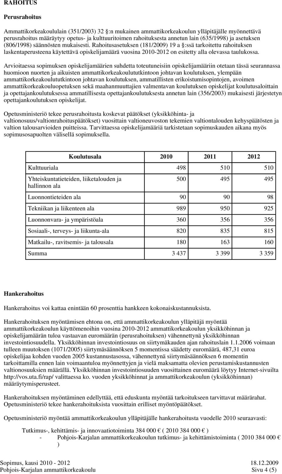 Rahoitusasetuksen (181/2009) 19 a :ssä tarkoitettu rahoituksen laskentaperusteena käytettävä opiskelijamäärä vuosina 2010-2012 on esitetty alla olevassa taulukossa.