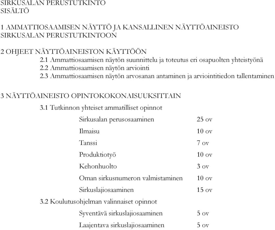 3 Ammattiosaamisen näytön arvosanan antaminen ja arviointitiedon tallentaminen 3 NÄYTTÖAINEISTO OPINTOKOKONAISUUKSITTAIN 3.