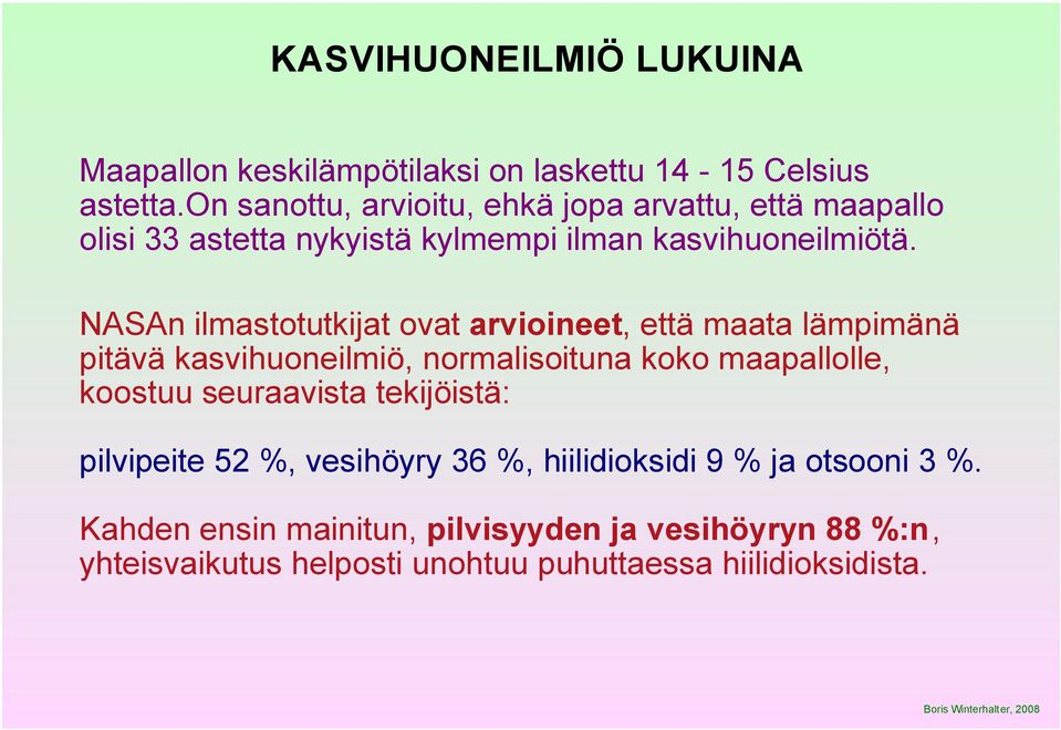 NASAn ilmastotutkijat ovat arvioineet, että maata lämpimänä pitävä kasvihuoneilmiö, normalisoituna koko maapallolle, koostuu