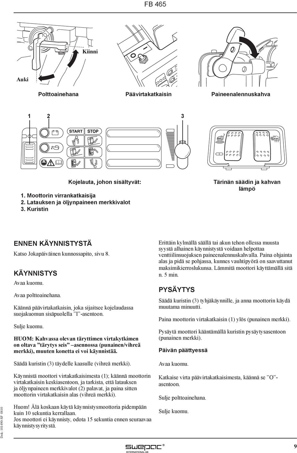 Käännä päävirtakatkaisin, joka sijaitsee kojelaudassa suojakuomun sisäpuolella I -asentoon. Sulje kuomu.