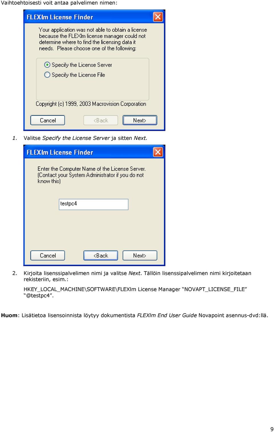 Tällöin lisenssipalvelimen nimi kirjoitetaan rekisteriin, esim.