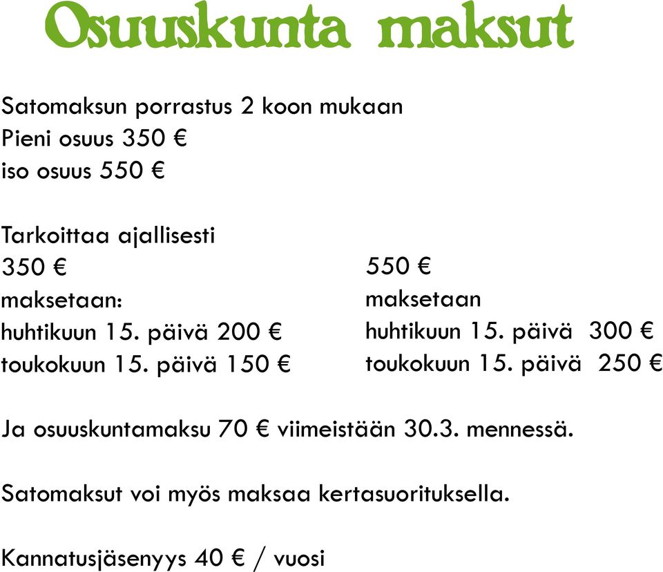 päivä 150 550 maksetaan huhtikuun 15. päivä 300 toukokuun 15.