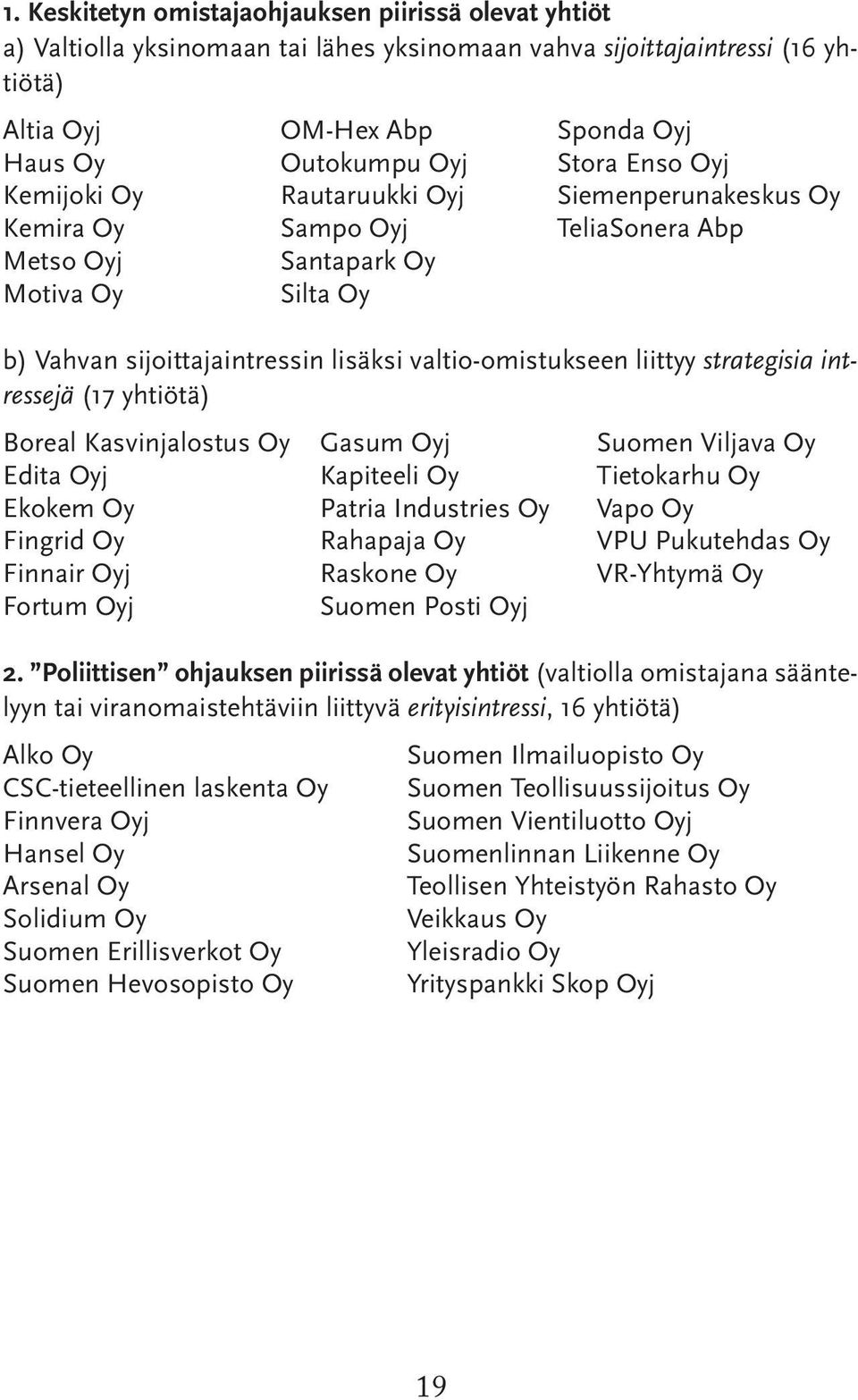 liittyy strategisia intressejä (17 yhtiötä) Boreal Kasvinjalostus Oy Gasum Oyj Suomen Viljava Oy Edita Oyj Kapiteeli Oy Tietokarhu Oy Ekokem Oy Patria Industries Oy Vapo Oy Fingrid Oy Rahapaja Oy VPU