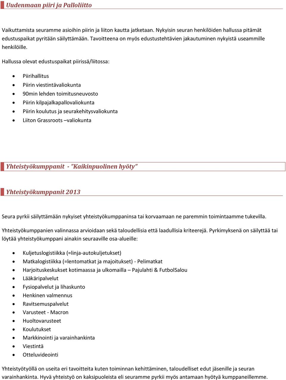 Hallussa olevat edustuspaikat piirissä/liitossa: Piirihallitus Piirin viestintävaliokunta 90min lehden toimitusneuvosto Piirin kilpajalkapallovaliokunta Piirin koulutus ja seurakehitysvaliokunta