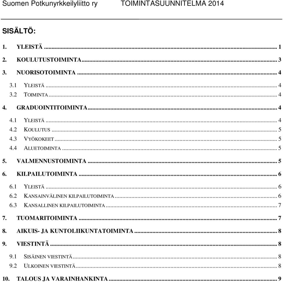 1 YLEISTÄ... 6 6.2 KANSAINVÄLINEN KILPAILUTOIMINTA... 6 6.3 KANSALLINEN KILPAILUTOIMINTA... 7 7. TUOMARITOIMINTA... 7 8.