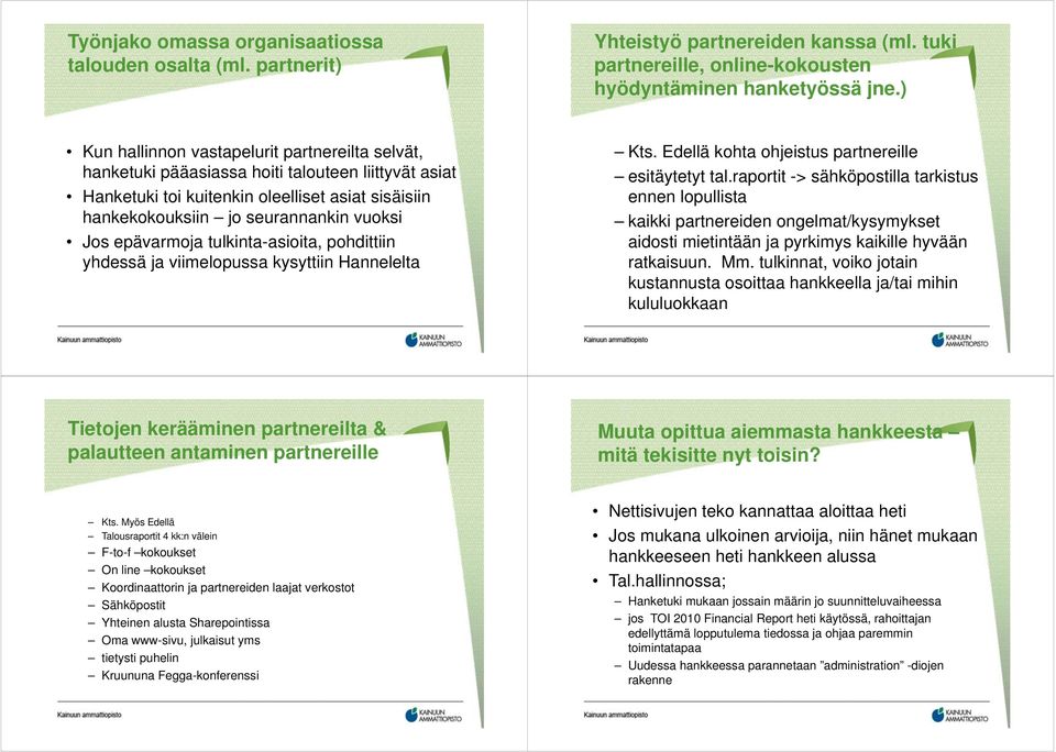 epävarmoja tulkinta-asioita, pohdittiin yhdessä ja viimelopussa kysyttiin Hannelelta Kts. Edellä kohta ohjeistus partnereille esitäytetyt tal.