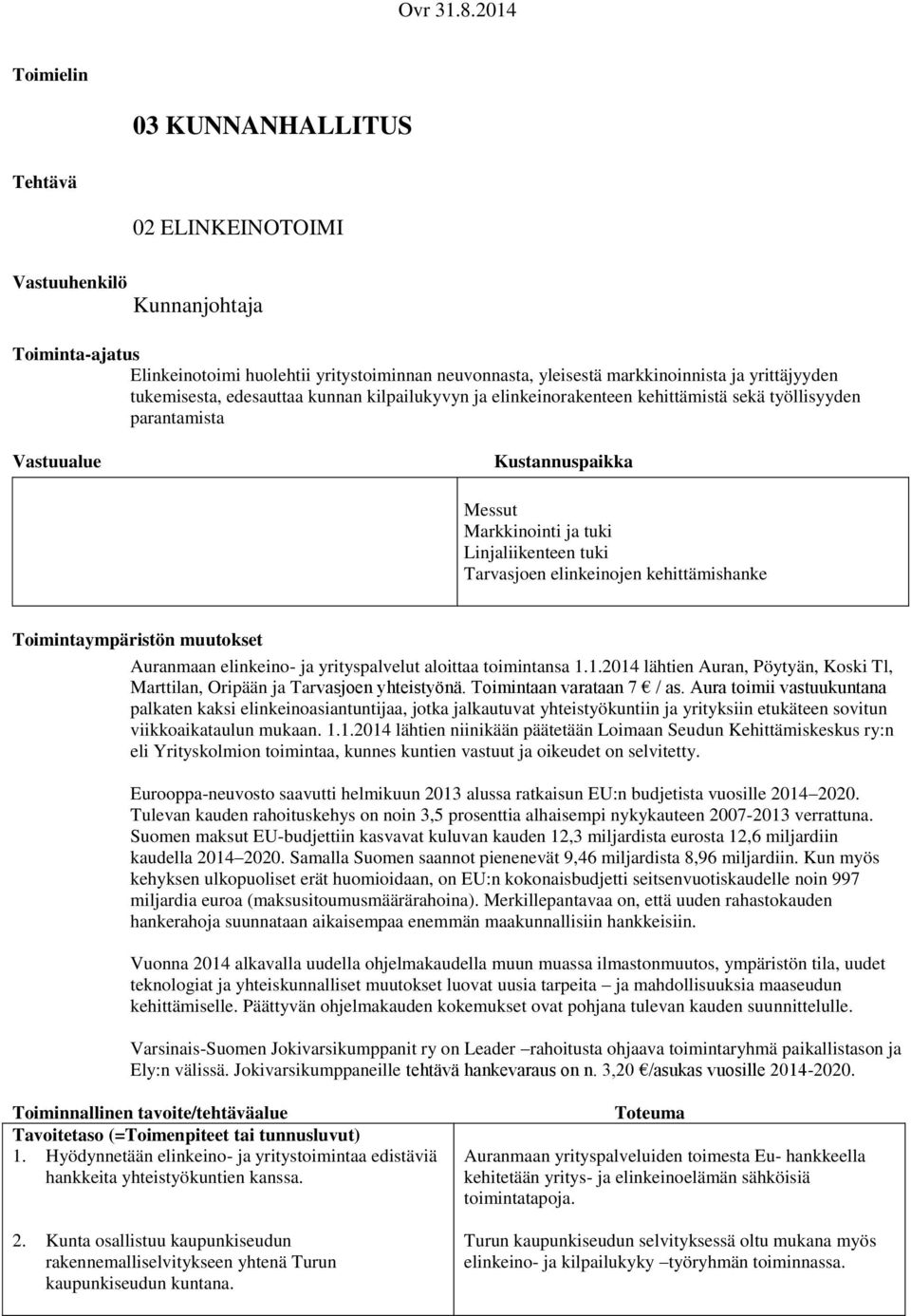 tukemisesta, edesauttaa kunnan kilpailukyvyn ja elinkeinorakenteen kehittämistä sekä työllisyyden parantamista Vastuualue Kustannuspaikka Messut Markkinointi ja tuki Linjaliikenteen tuki Tarvasjoen