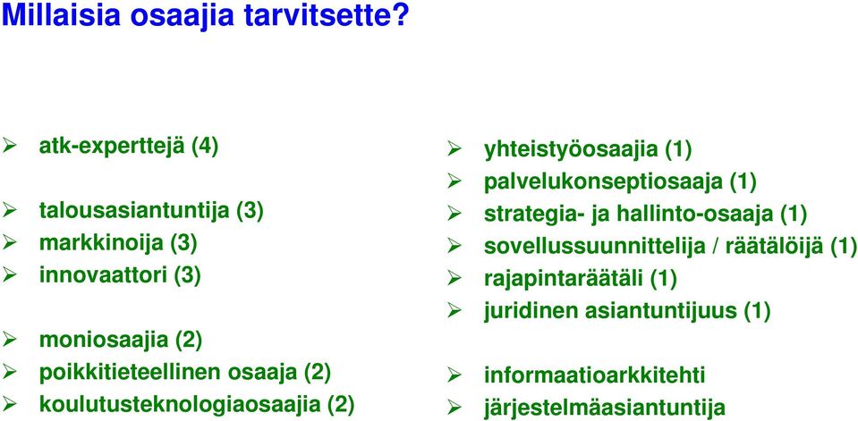 (1) palvelukonseptiosaaja (1) strategia- ja hallinto-osaaja (1) sovellussuunnittelija / räätälöijä