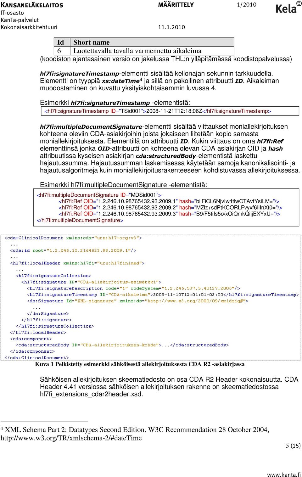 Esimerkki hl7fi:signaturetimestamp -elementistä: <hl7fi:signaturetimestamp ID="TSid001">2008-11-21T12:18:06Z</hl7fi:signatureTimestamp> hl7fi:multipledocumentsignature-elementti sisältää viittaukset