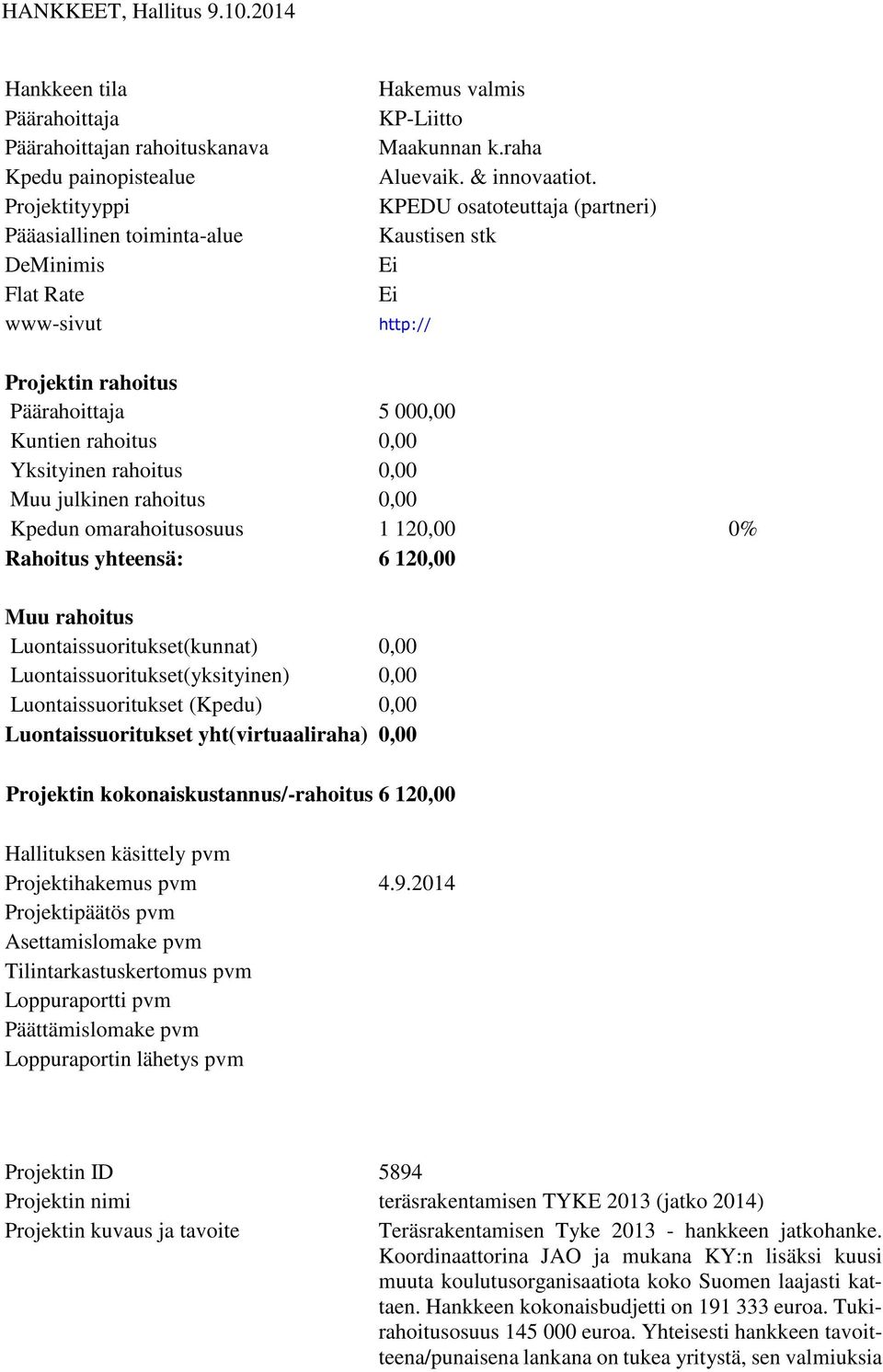 kokonaiskustannus/-rahoitus 6 120,00 Projektihakemus pvm 4.9.