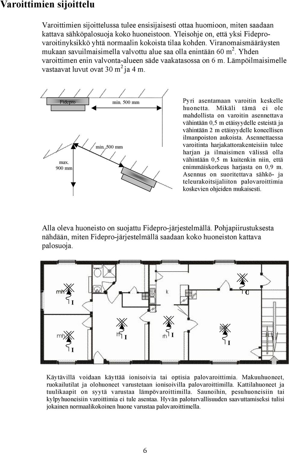 Yhden varoittimen enin valvontaalueen säde vaakatasossa on 6 m. Lämpöilmaisimelle vastaavat luvut ovat 30 m 2 ja 4 m. Fidepro max. 900 mm min. 500 mm min.