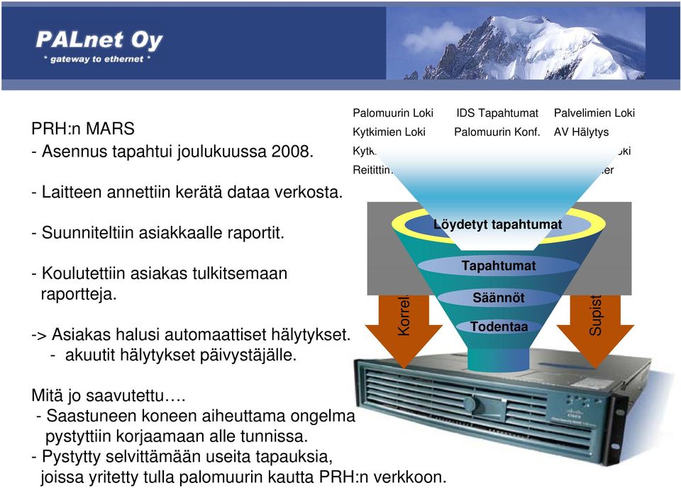 Netflow VA Scanner Löydetyt tapahtumat - Koulutettiin asiakas tulkitsemaan raportteja. -> Asiakas halusi automaattiset hälytykset. - akuutit hälytykset päivystäjälle.