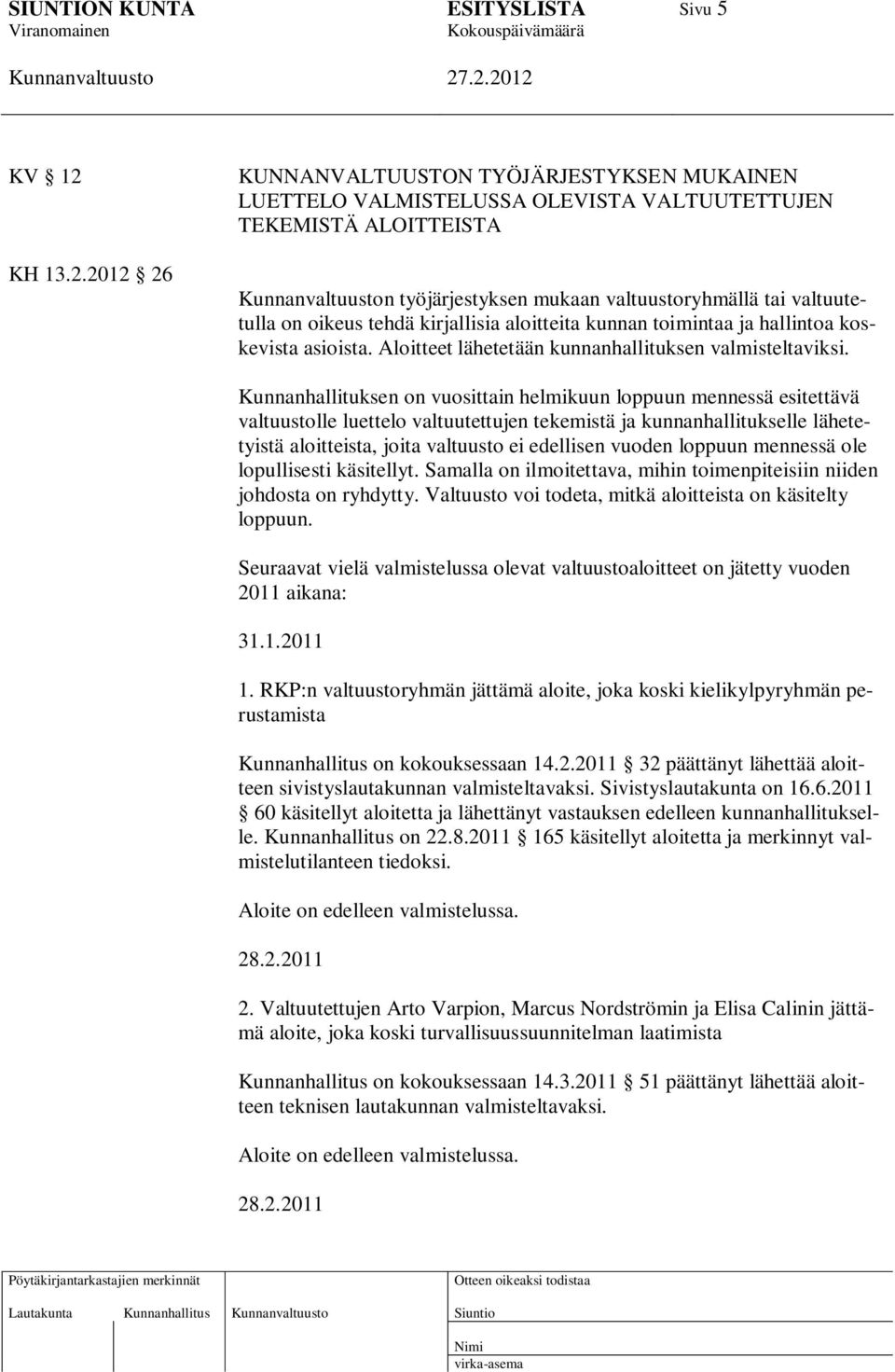 2012 26 KUNNANVALTUUSTON TYÖJÄRJESTYKSEN MUKAINEN LUETTELO VALMISTELUSSA OLEVISTA VALTUUTETTUJEN TEKEMISTÄ ALOITTEISTA n työjärjestyksen mukaan valtuustoryhmällä tai valtuutetulla on oikeus tehdä