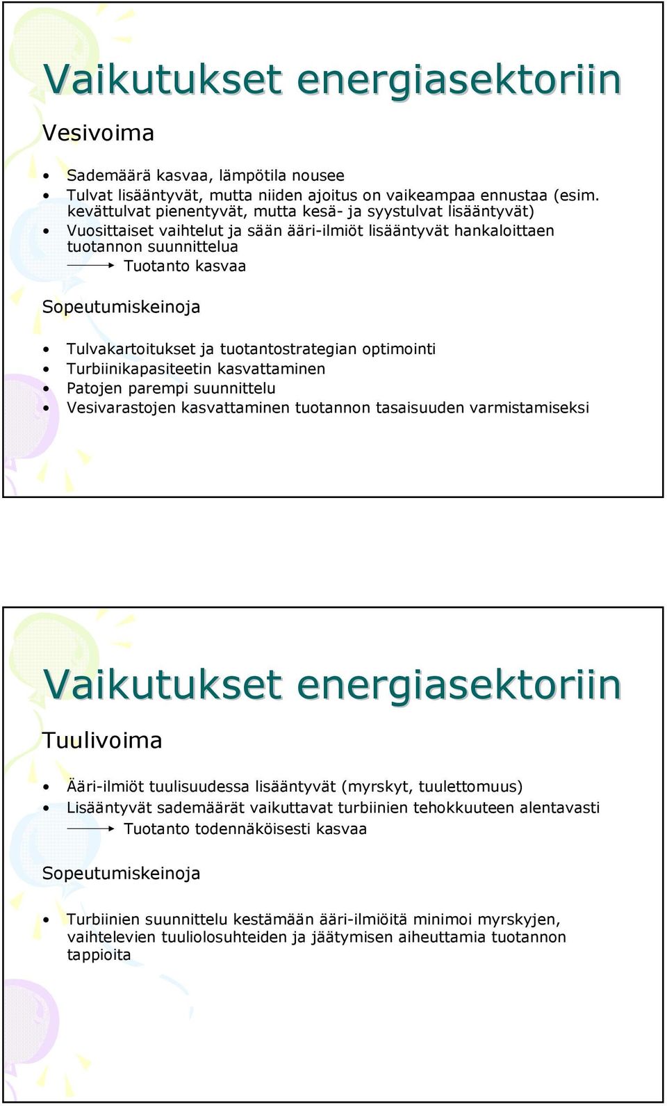 tuotantostrategian optimointi Turbiinikapasiteetin kasvattaminen Patojen parempi suunnittelu Vesivarastojen kasvattaminen tuotannon tasaisuuden varmistamiseksi Vaikutukset energiasektoriin Tuulivoima