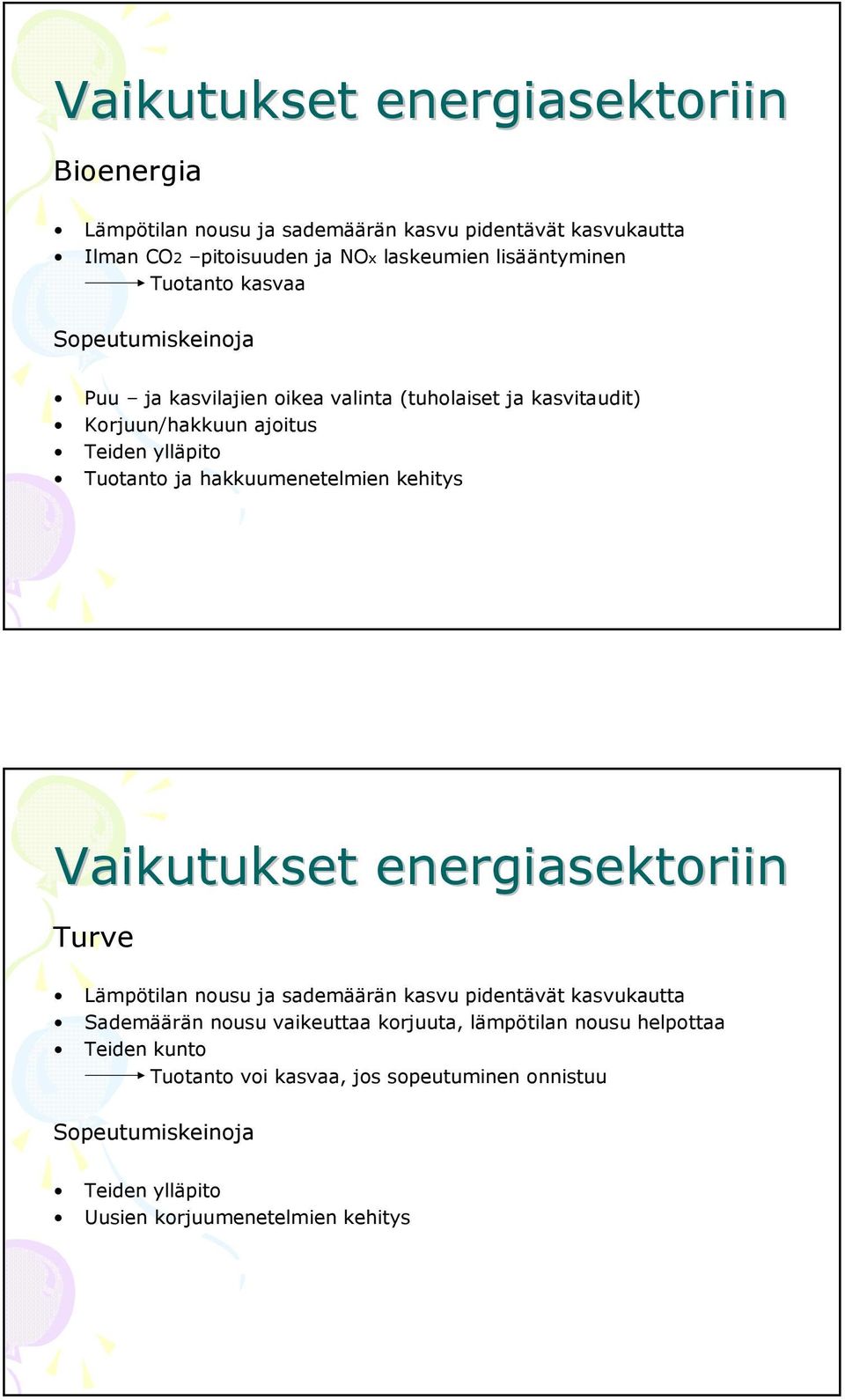 hakkuumenetelmien kehitys Vaikutukset energiasektoriin Turve Lämpötilan nousu ja sademäärän kasvu pidentävät kasvukautta Sademäärän nousu