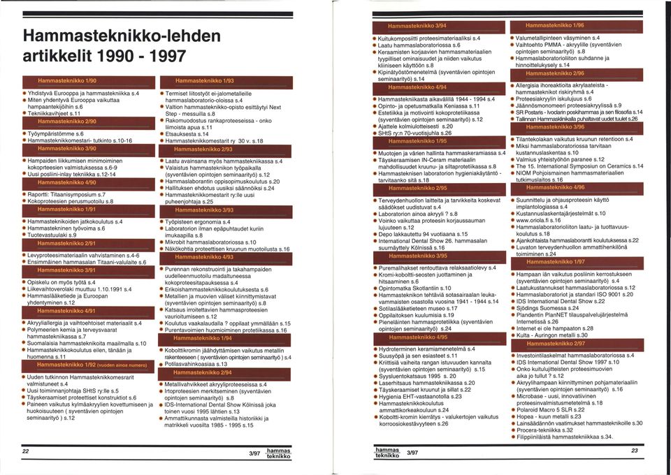 12-14 Hammasteknikk 4/90 Raprtti: Titaanisympsium s.7 Kkprteesien perusmutilu s.8 Hammasteknikk 1/91 Hammasteknikiden jatkkulutus s.4 Hammastekninen työvima s.6 Tutevastuulaki s.