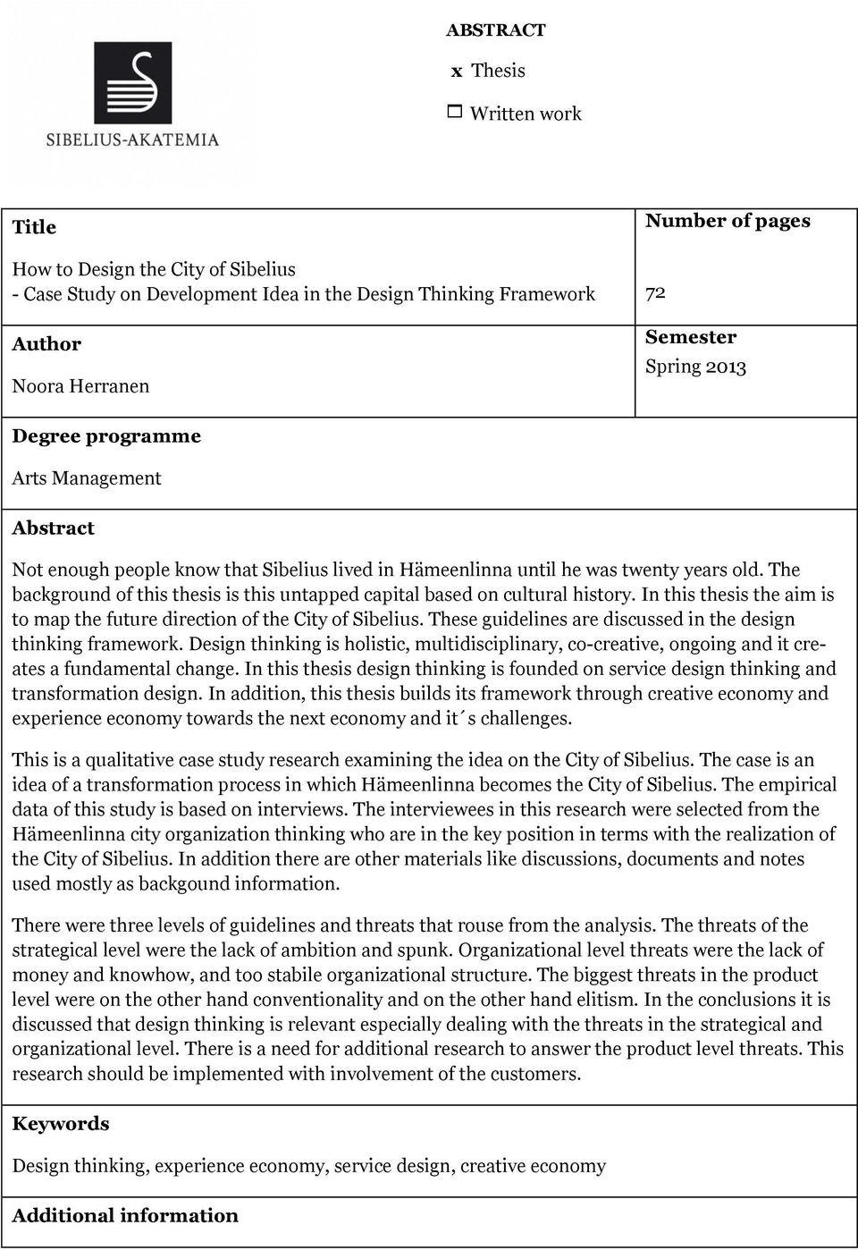 The background of this thesis is this untapped capital based on cultural history. In this thesis the aim is to map the future direction of the City of Sibelius.